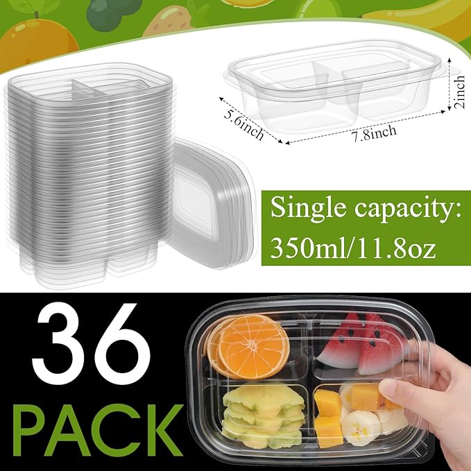 Chunful 36 Pcs 4 Compartment Transparent Snack Containers with Lids Disposable Bento Box Plastic Food Meal Prep Containers for Condiment Salad Dipping School Work Lunch
