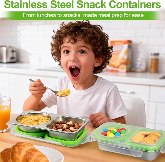 2Pack Stainless Steel Snack Containers with Lids, 13oz 2 Compartment Snackle Box, Leakproof Reusable Bento Box Metal Lunch Container Food Storage for Travel, Picnics, Office (Green)