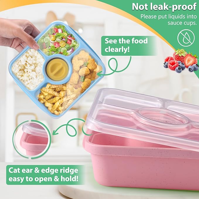 Bento Snack Box Containers for Adults Kids, 4 Pack Lunchable Meal Prep Containers Reusable, Stackable Bento Lunch Box, Food Storage Prep Containers with Lids and 4 Sauce Cups, Pastel Color, Clear Lid