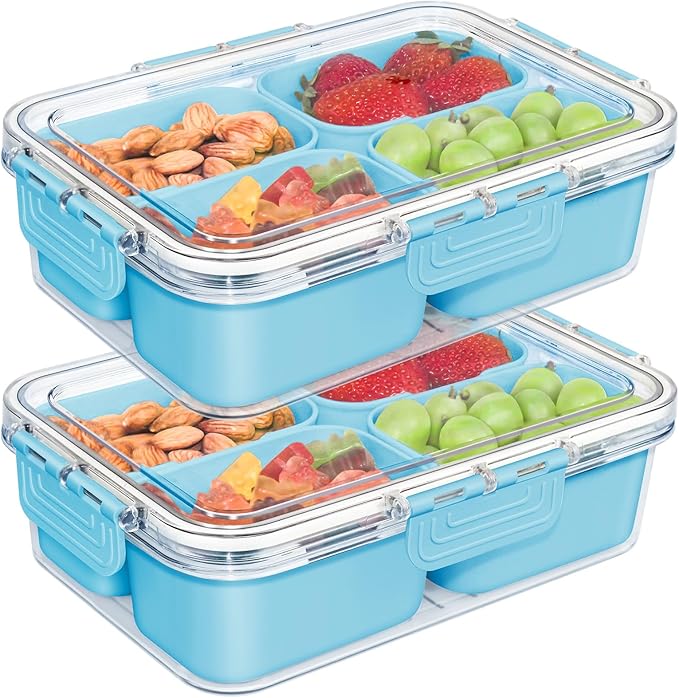 Small Snack Box Container, Divided Serving Tray with Lid, 4 Compartment Snack Box Container for Candy, Fruits, Charcuterie, Travel & Parties, BPA-Free, 2 Pack (Hand Wash Only)