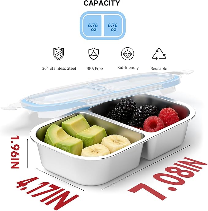 4 Pack Stainless Steel Snack Containers, 2 Compartment Reusable Metal Snack Boxes Containers with Leak-Proof Lids, Compact Lunch Box Food Storage Container