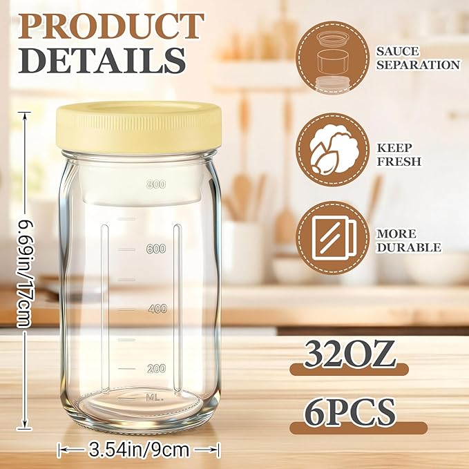 6 Pack 32oz Glass Salad Jars with 2 Dressing Cups & Leak Proof Lids - Meal Prep Containers for Lunch, Wet Dry Separation Container for Work Office Picnic, Overnight Oats(Pastel Color)