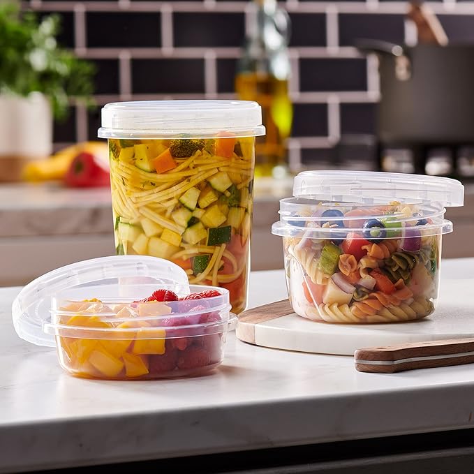 PLASTICPRO 6 Pack Twist Cap Food Storage Containers with Clear Screw on Lid- 8 oz Reusable Meal Prep Containers - Freezer and Microwave Safe Clear Plastic Food Storage