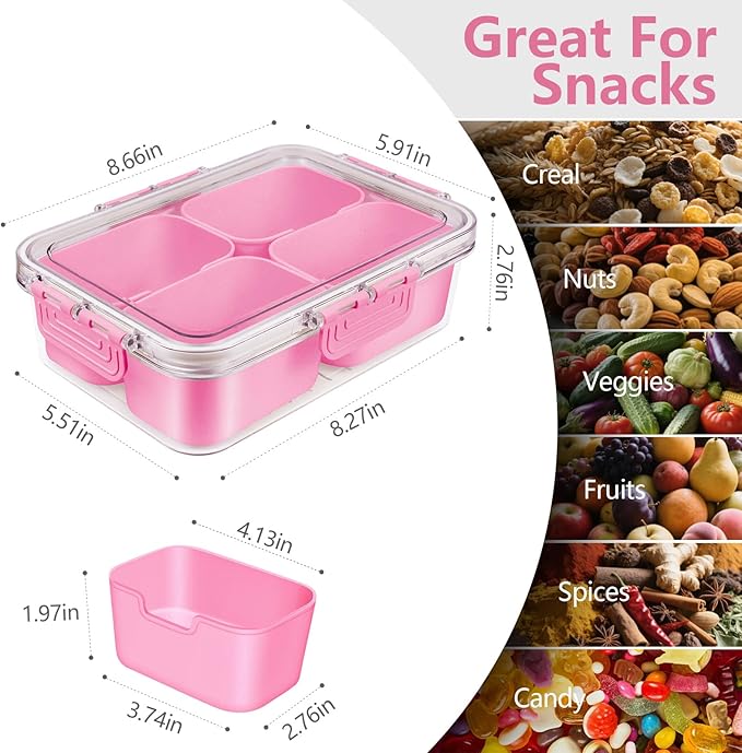 Small Snack Box Container, Divided Serving Tray with Lid, 4 Compartment Snack Box Container for Candy, Fruits, Charcuterie, Travel & Parties, BPA-Free, 2 Pack (Hand Wash Only)