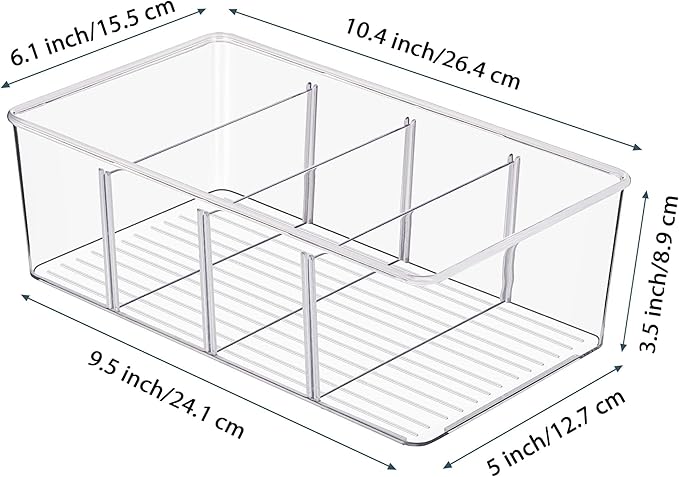 Vtopmart 10 Pack Food Storage Organizer Bins, Clear Plastic Bins for Pantry, Kitchen, Fridge, Cabinet Organization and Storage, 4 Compartment Holder Packets, Snacks, Pouches, Spice Packets