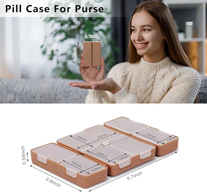 FYY Daily Pill Organizer, 7 Compartments Portable Travel Pill Case, [Folding Design] for Purse Pocket to Hold Vitamins,Cod Liver Oil,Supplements and Medication-Brown