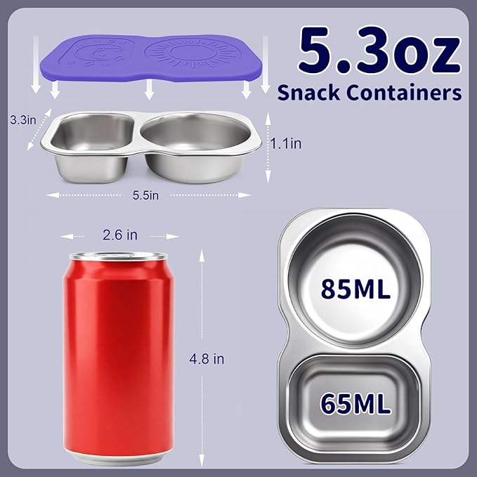 QCQHDU Snack Containers, 2-Compartment Small Stainless Steel Reusable Snack Boxes for Portion Control, Meal Prep Lunch Food Sauce Storage Lunchable Accessories Salad Dressing Containers to Go, 4 Pack