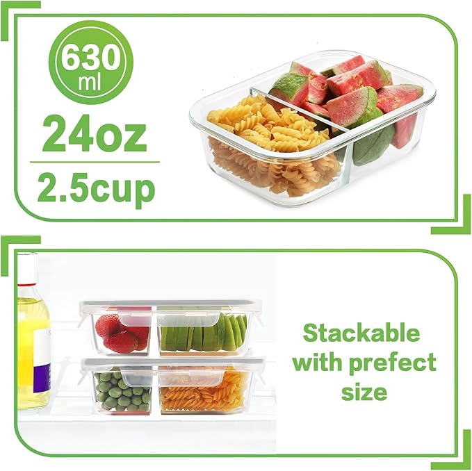 HOMBERKING 10 Pack 24oz Glass Meal Prep Containers 2 Compartment, Glass Food Storage Containers with Lids, Airtight Lunch Bento Boxes, BPA-Free & Leak Proof (10 lids & 10 Container) - Grey