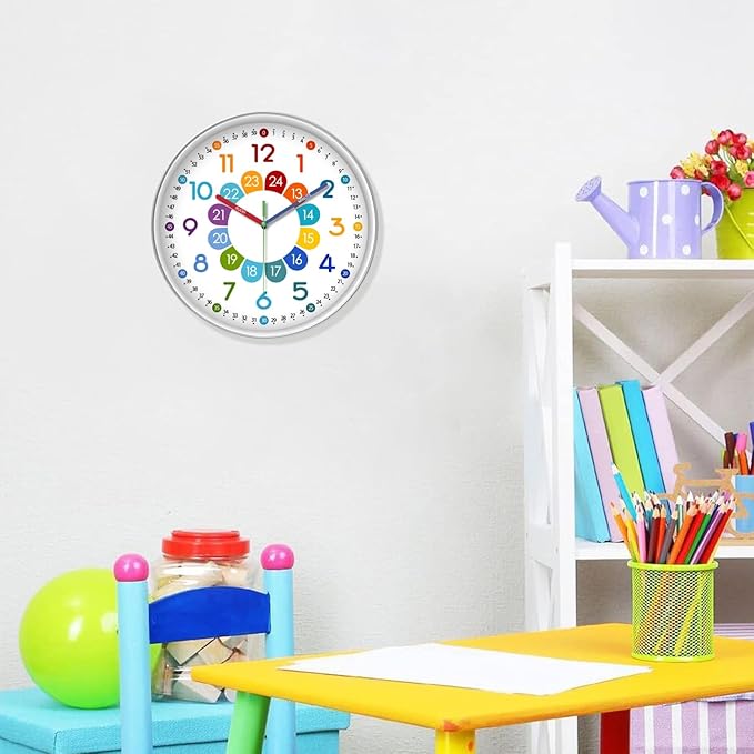 XFM Colorful Kids Wall Clock for Bedroom 14 Inch Round Learning Clock - Image 2