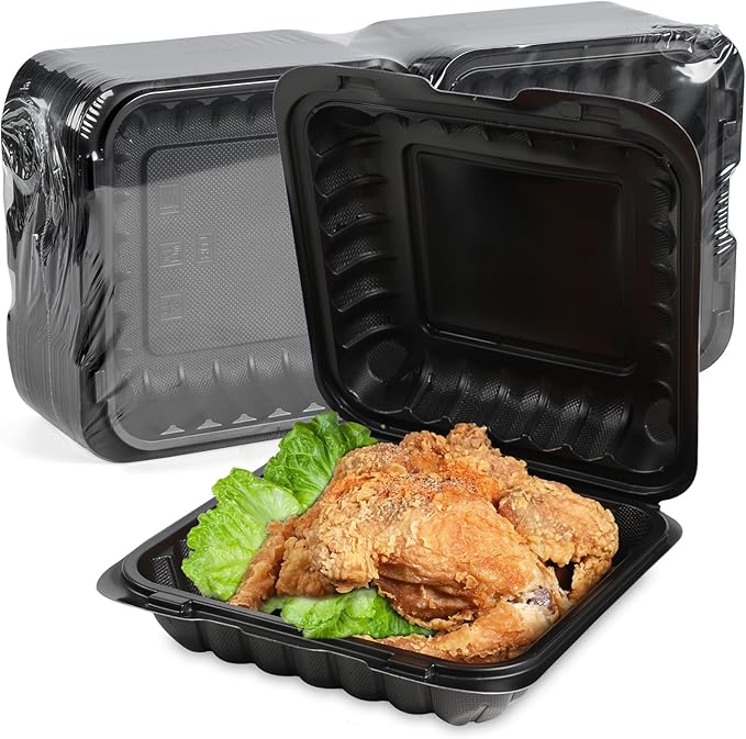Takeout Containers Mineral Filled PP - 55 Pack 8x8 34 oz Shrink Wrap BPA Free Plastic | Stackable Meal Prep Clamshell Food Container | Reusable Microwave Safe Leftovers | Catering Lunch Box
