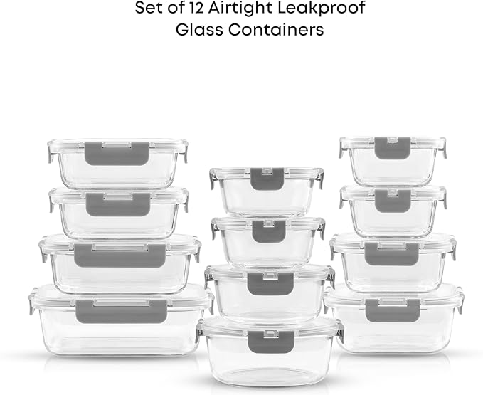 JoyJolt 24pc Borosilicate Glass Storage Containers with Lids | 12 Airtight/Freezer Safe Food Storage Containers for Pantry and Kitchen | Meal Prep Container for Lunch | Glass Tupperware Set