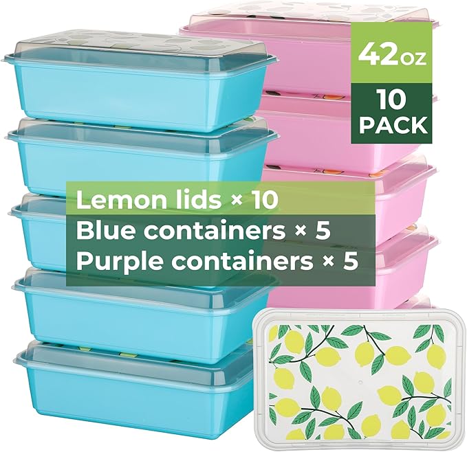 10 Pack 42 oz Meal Prep Containers, Reusable Plastic Food Prep Storage Containers with Printed Lids, Stackable, Leakproof, Microwave & Freezer & Dishwasher Safe,To Go Take Out Box, Lemon