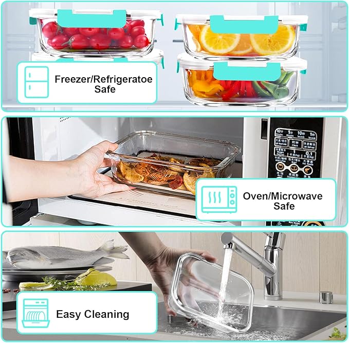 VERONES 5 Pack 36 OZ Glass Meal Prep Containers, Airtight Glass Lunch Containers Set, Glass Food Storage Containers with Lids,Exclusive of BPA, for Microwave, Oven, Freezer & Dishwasher Friendly,Green
