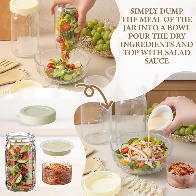 6 Pack 32oz Glass Salad Jars with 2 Dressing Cups & Leak Proof Lids - Meal Prep Containers for Lunch, Wet Dry Separation Container for Work Office Picnic, Overnight Oats(Apricot White)