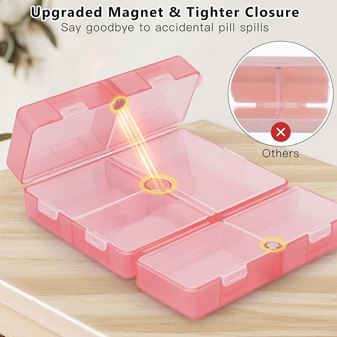 FYY Daily Pill Organizer,7 Compartments Portable Pill Case Travel Pill Organizer,[Folding Design] Large Pill Box for Purse Pocket to Hold Vitamins,Cod Liver Oil,Supplements and Medication-Clear Red