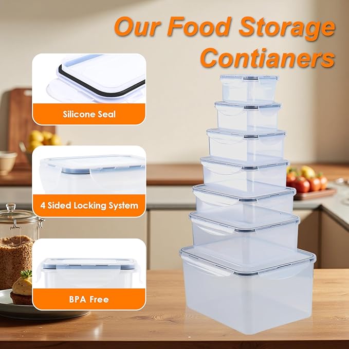 28 PCS Airtight Food Storage Containers with Lids(430ML-9L),BPA-Free Plastic Kitchen&Pantry Organizers, Stackable Leakproof Containers for Flour Sugar Cereal Snack Meal Prep (14 Pack-28 PCS)