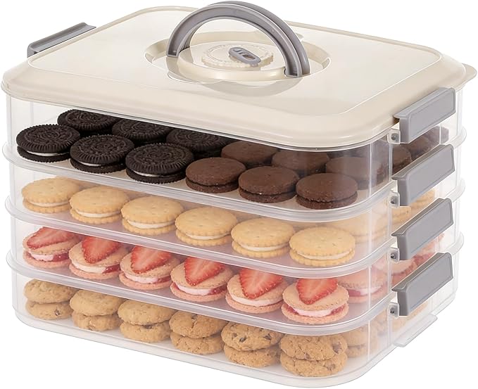 4-Tier Stackable Cookie Storage Container with Lids & Handle, White Cookie Storage, Airtight Plastic Food Organizer for Dumplings, Wonton, Donuts, Snacks, Fridge & Pantry Organization