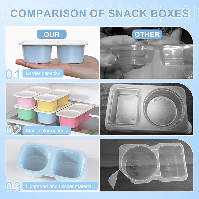 2 Compartment Snack Pack Containers for Kids, 5 Pack Reusable Snack Containers with Lids, Toddler Snack Containers, BPA-Free, Microwave Dishwasher Safe, Lunchbox Accessories for Travel