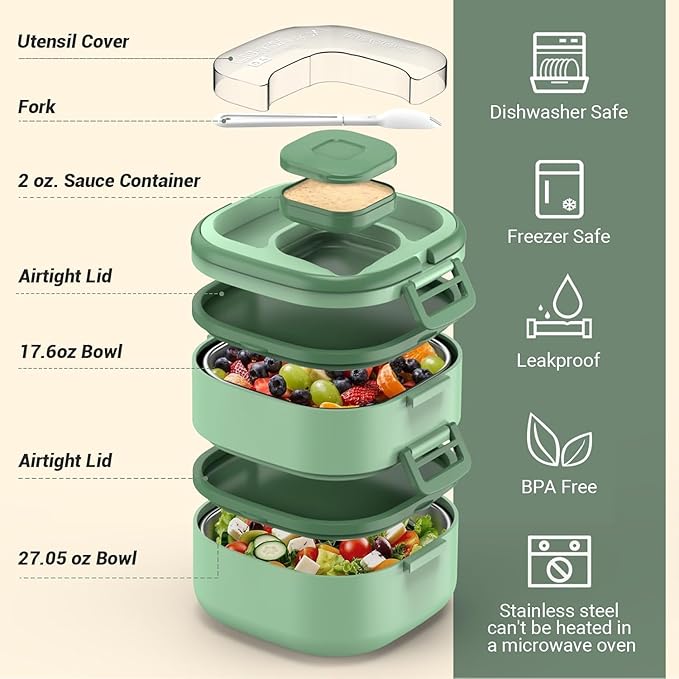 PEDECO Luch Box Set Stackable Stainless Steel Bento Box with Insulated bag,Leak-Proof,2-Tier Bento box,Lunch Box With Portable Sauce Pod and Cutlery-for Kids/Toddler,Dishwasher Safe,Green