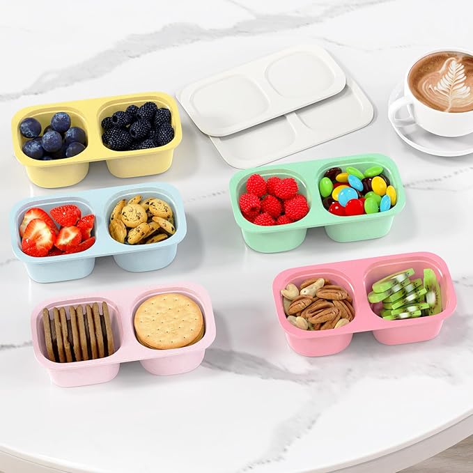 2 Compartment Snack Pack Containers for Kids, 5 Pack Reusable Snack Containers with Lids, Toddler Snack Containers, BPA-Free, Microwave Dishwasher Safe, Lunchbox Accessories for Travel