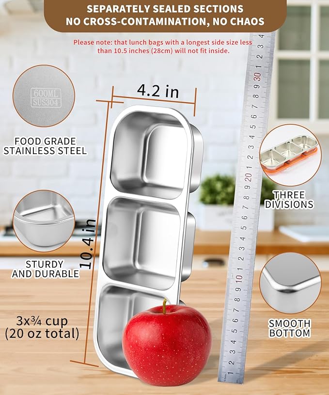 JUJOJB 3 Pack Snack Containers With Bag,Stainless Steel Box With Lids,Leak Proof Metal Lunch Box with 3 Compartments,Reusable Meal Prep Containers for office,Work,Travel For Adults Little One