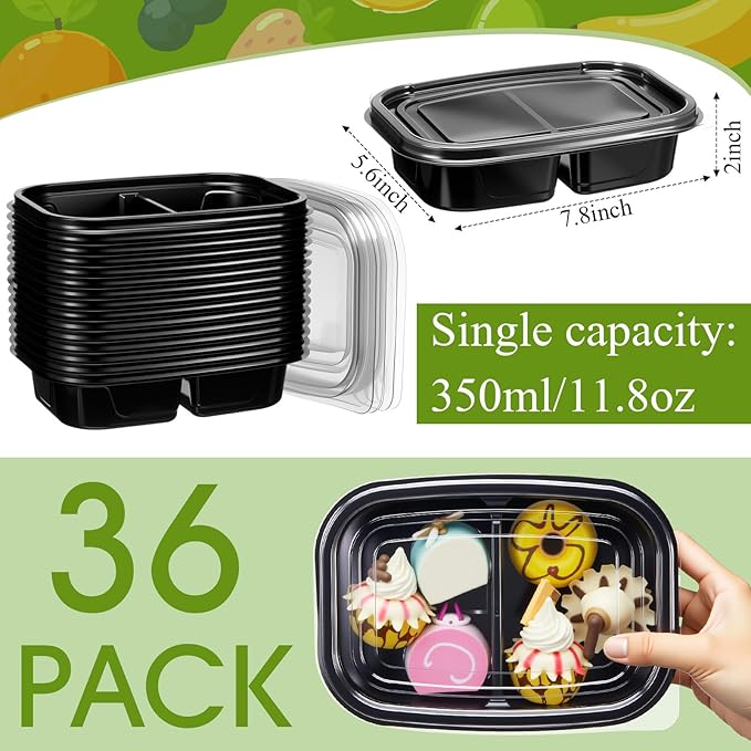 Chunful 36 Pcs 2 Compartment Black Snack Containers with Lids Disposable Bento Box Plastic Food Meal Prep Containers for Condiment Salad Dipping School Work Lunch