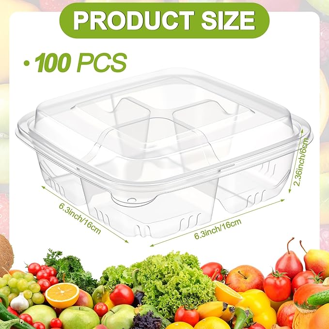 100 Pack 4-compartment Bento Snack Boxes with Lids Divided Lunch Containers for Travel School Camping Outdoor Home (Clear)