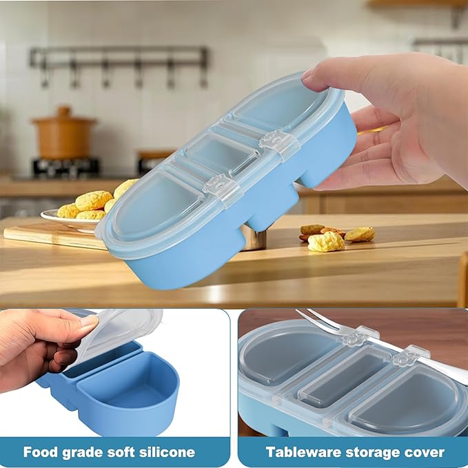 Silicone Snack Containers 3 Compartments Reusable Snackle Box with Lids Pack Portable Food Storage for Picnic Lunch Office Gym School BPA-Free & Dishwasher Safe (Pink/Blue/Green)