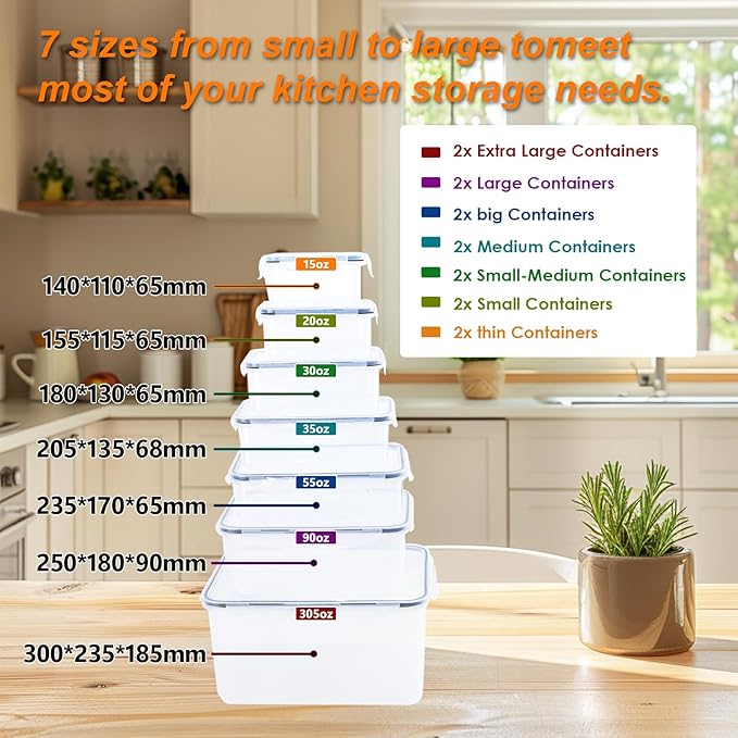 28 PCS Airtight Food Storage Containers with Lids(430ML-9L),BPA-Free Plastic Kitchen&Pantry Organizers, Stackable Leakproof Containers for Flour Sugar Cereal Snack Meal Prep (14 Pack-28 PCS)