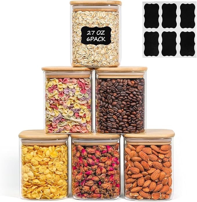 ComSaf 0.8 Qt Glass Food Storage Jars Set of 6, Clear Storage Containers with Airtight Lids, Pantry Organization Jar, Spice Jar, Blooming Tea, Oat, Coffee and Sugar Container, Canister Set for Kitchen