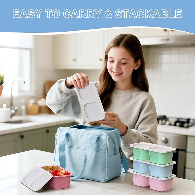 2 Compartment Snack Pack Containers for Kids, 5 Pack Reusable Snack Containers with Lids, Toddler Snack Containers, BPA-Free, Microwave Dishwasher Safe, Lunchbox Accessories for Travel