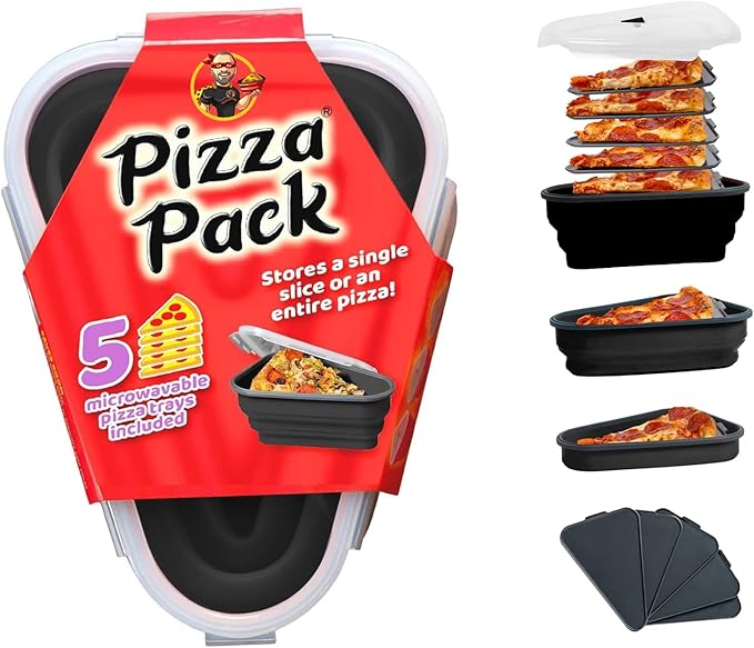 The Perfect Pizza Pack™ - Reusable Pizza Storage Container with 5 Microwavable Serving Trays - BPA-Free Adjustable Pizza Slice Container to Organize & Save Space, Black