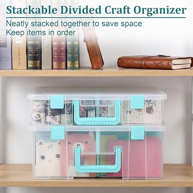 BTSKY Clear Plastic Dividing Storage Box with 8 Deep Compartments Adjustable Storage Bin with Lid Portable Craft Storage Container Multipurpose Sewing Box Art Supply Organizer, 15.1x13.9x6.1 Inches