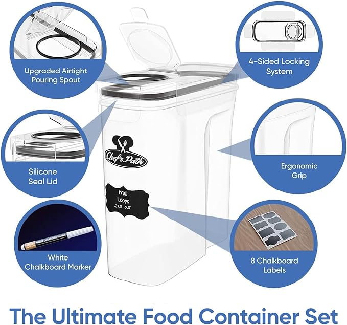 Chef's Path Airtight Food Storage Containers - Set of 2 (6 Liters) for Kitchen & Pantry - BPA Free for Rice, Cereal, Flour, Sugar - Bulk Food Storage - Big Cereal Container - Cereal Container Storage