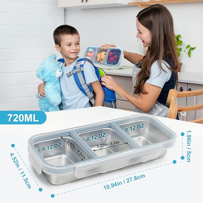 Stainless Steel Snack Containers, 3 Compartment Snackle Box Leakproof, Metal Bento Box with Airtight Lids, Reusable Food Storage Container for Lunch Travel Picnics Office