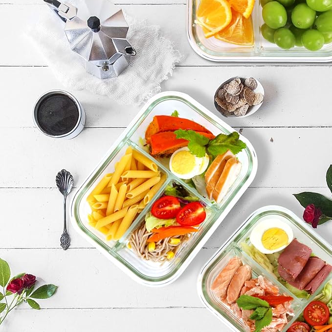 Bayco 8 Pack Glass Meal Prep Containers 3 Compartment, Glass Food Storage Containers with Lids, Airtight Lunch Bento Boxes, Leak Proof (8 lids & 8 Container) - Grey