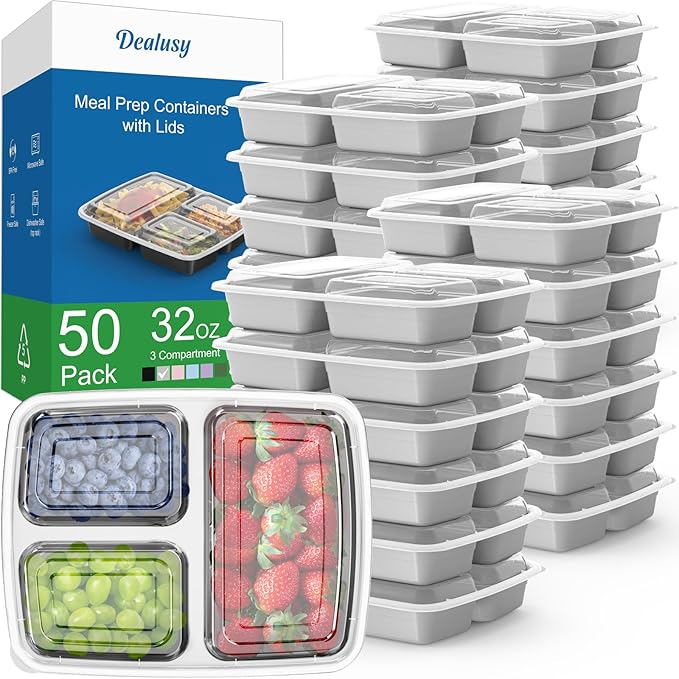 50 Pack (100-Piece) 32 oz Meal Prep Containers Reusable with Lids 3-Compartment, To Go Take Out Plastic Food Storage Containers, Sturdy Leakproof Food Safe, Microwave Freezer Dishwasher Safe, Silver
