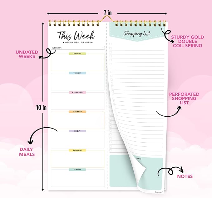 Decorably 52 Sheets Pastel Rainbow Weekly Meal Planner for Fridge with 4 Strong Magnets - 6x9in Spring-Bound Refrigerator Mountable, Easy Tear-Off Design, Track Food, Drinks, & Home Supplies