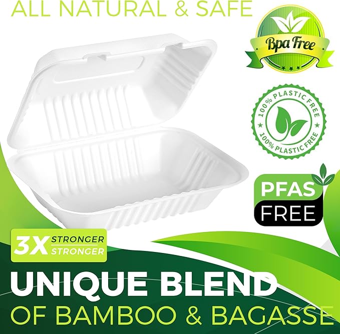 75 Pack 9”x6” Take Out Containers with Lids, EXTRA Sturdy To Go Food Containers, 100% Compostable Clamshell Take Out Containers, To Go Boxes for Food