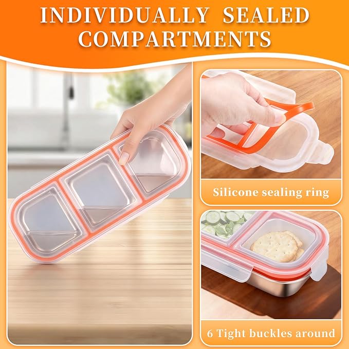2Pack Reusable Stainless Steel Snack Containers with Leakproof Lids 3 Compartment, Stackable Metal Food Storage Lunch Boxes for Adults, Meal Prep, Travel, Office