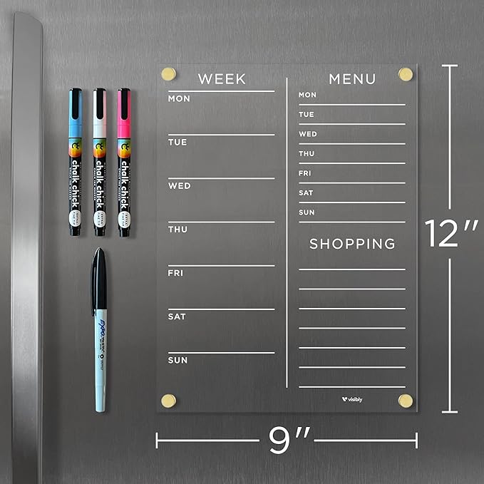 Magnetic Acrylic Meal Planner, Menu & Shopping List Board for Fridge, 9” x 12” Clear Refrigerator Organizer, Includes 4 Magnetic Wet-Erase Markers, Silver Corner Magnets