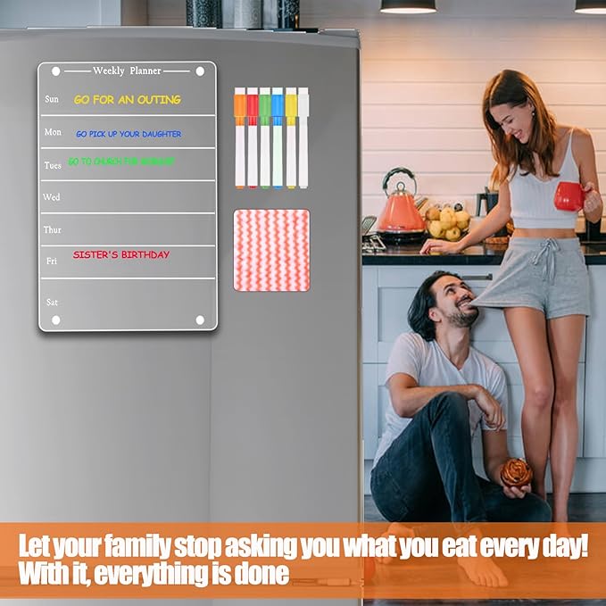8"x12" Clear Weekly Meal Planner Magnetic Acrylic Board,Acrylic Magnetic Dry Erase Board for Fridge, Magnet Week Calendar for Refrigerator Includes 6 Colors Markers