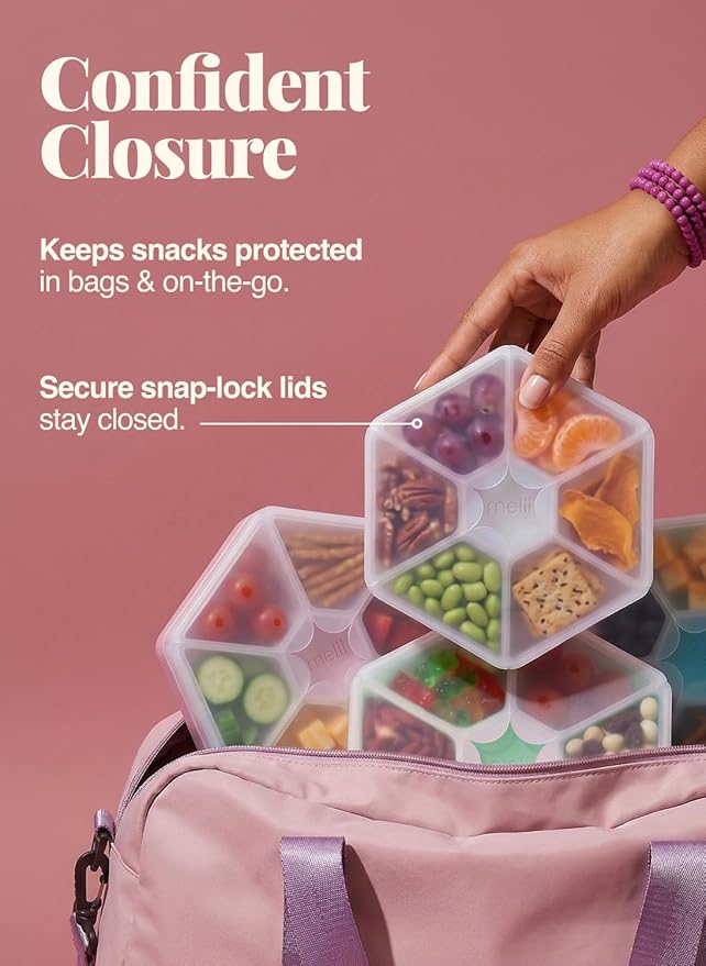 melii Hexagone Snackle Box | 6 Compartment Snack Container with Individual Snap-Lock Lids, Easy-Grip Design for Kids & Adults, Portion-Control Food Storage for Lunch, Travel & On-the-Go (Mint)