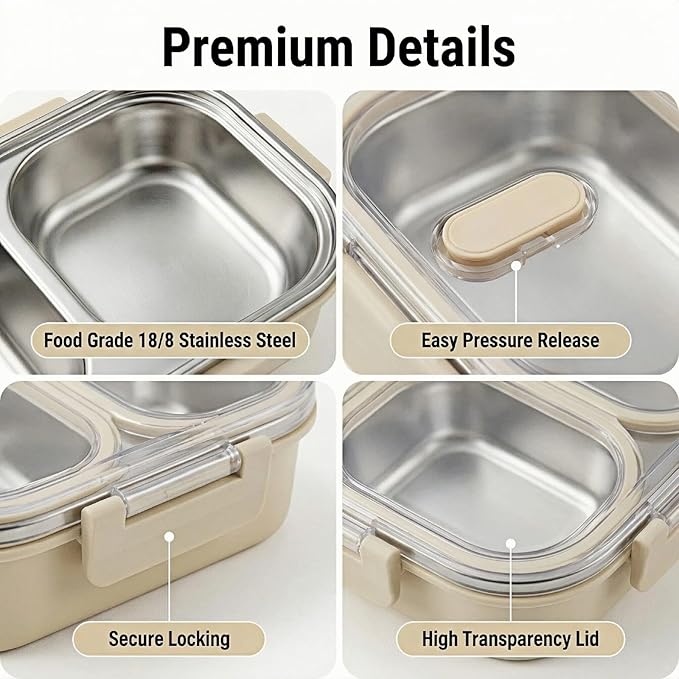 Stainless Steel Lunch Box for Kids, 3-Compartment Bento Box with Lid | Leakproof, Eco-Friendly Metal Food Container for School, Work, Picnic | Easy to Clean & Microwave Safe (White)
