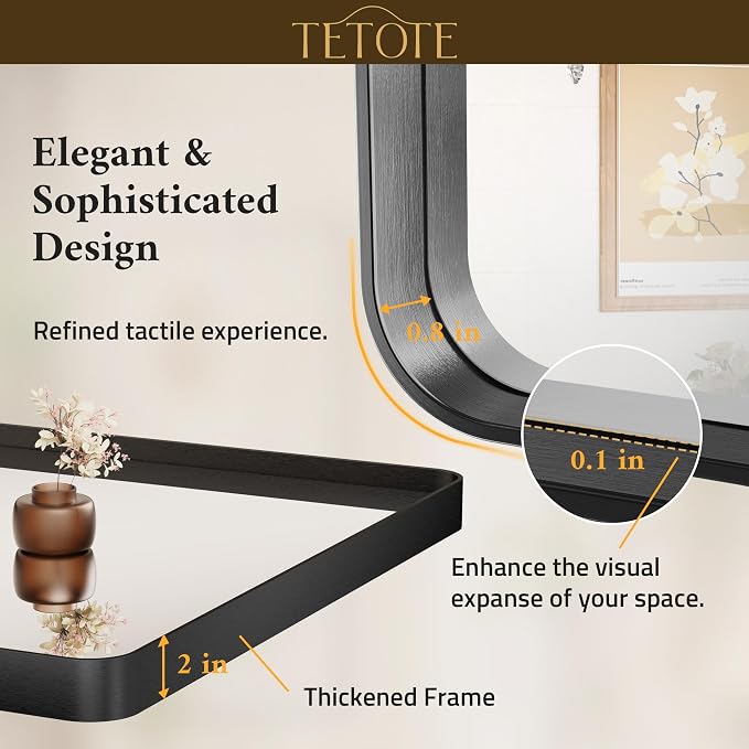 TETOTE 60 x 40 Inch Black Frame Mirror, Bathroom Vanity Mirror - Image 4