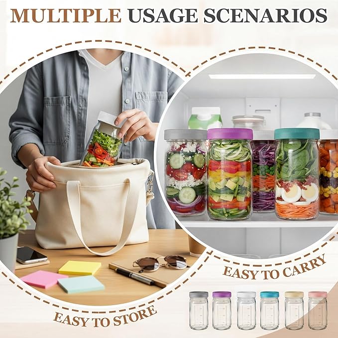 6 Pack 32oz Glass Salad Jars with 2 Dressing Cups & Leak Proof Lids - Meal Prep Containers for Lunch, Wet Dry Separation Container for Work Office Picnic, Overnight Oats(Pastel Color)