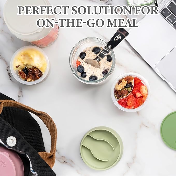 SOLIGT 2 Pack Overnight Oats Containers with Lids, Folding Spoons and Divided Compartments for Fruit & Nuts, Small Glass 16oz Mason Jars for Oatmeal Yogurt Parfait (2 Set-Oat White/Rose Pink)