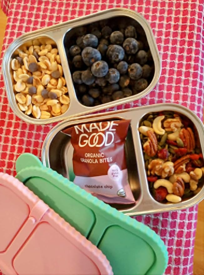 Palksky Snack Containers with Silicone Lids, Stainless Steel 2 Compartment Snack Box for Adults, Reusable Snackle Box Container with Utensil Clip, Snack Prep Containers for Travel & Office (3 Packs)