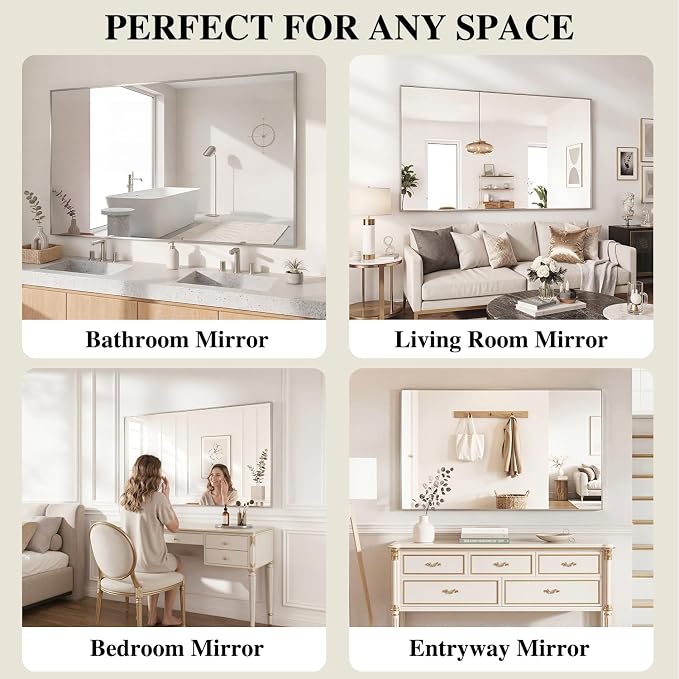 Koonmi Silver Rectangle Wall Mirror, 30x30 Inch Bathroom Mirror, Aluminum Frame - Image 6