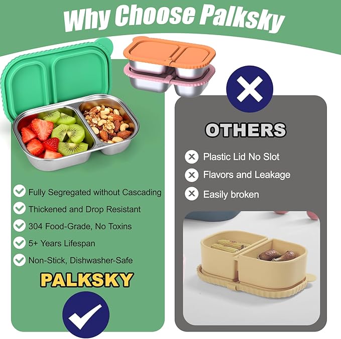 Palksky Snack Containers with Silicone Lids, Stainless Steel 2 Compartment Snack Box for Adults, Reusable Snackle Box Container with Utensil Clip, Snack Prep Containers for Travel & Office (3 Packs)
